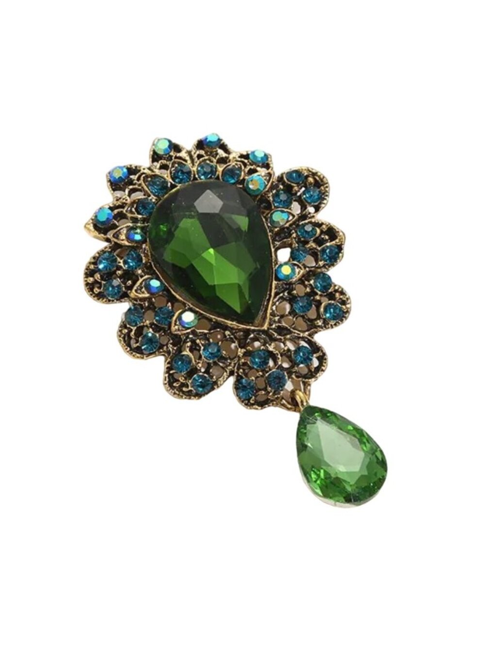 Brooch Green Glass Teardrop Dangle with Iridescent Teal Crystals Gold Tone